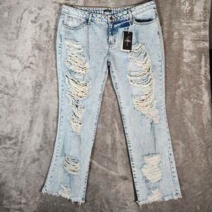 Flamingo Jeans Womens 38X29 Curve Blue Stretch Light Wash Distressed‎ Rip